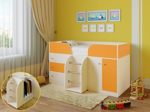 Двухъярусная деревянная кровать Астра 5 Дуб молочный-Оранжевый