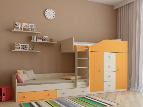 Двухъярусная деревянная кровать Астра 6 Дуб молочный - Оранжевый
