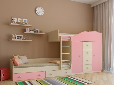 Двухъярусная деревянная кровать Астра 6 Дуб молочный - Розовый