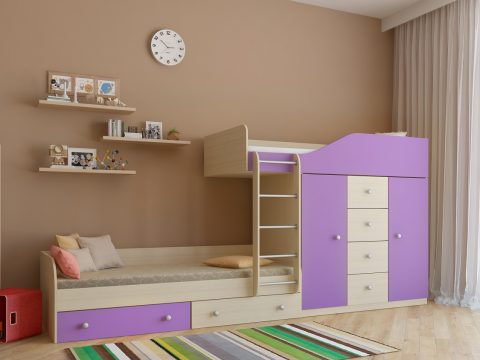 Двухъярусная деревянная кровать Астра 6 Дуб молочный - Фиолетовый