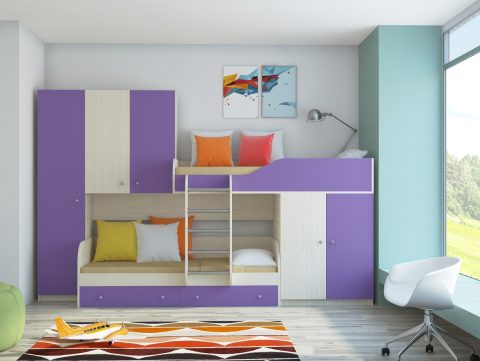 Двухъярусная деревянная кровать Лео Дуб молочный - Фиолетовый
